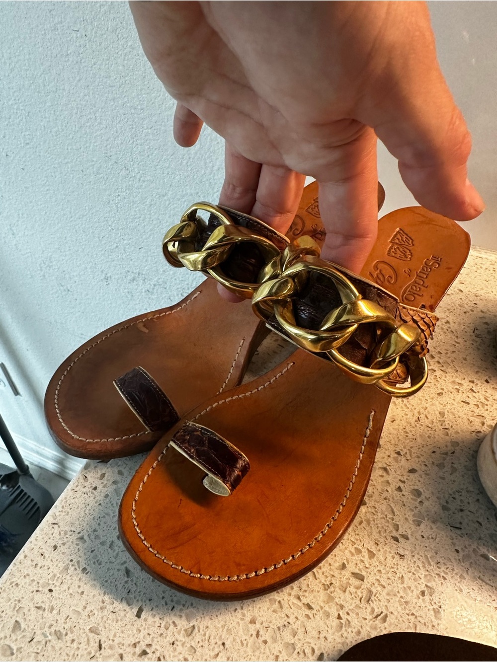 Made in Italy Leather Sandal with Gold Chain Detail
